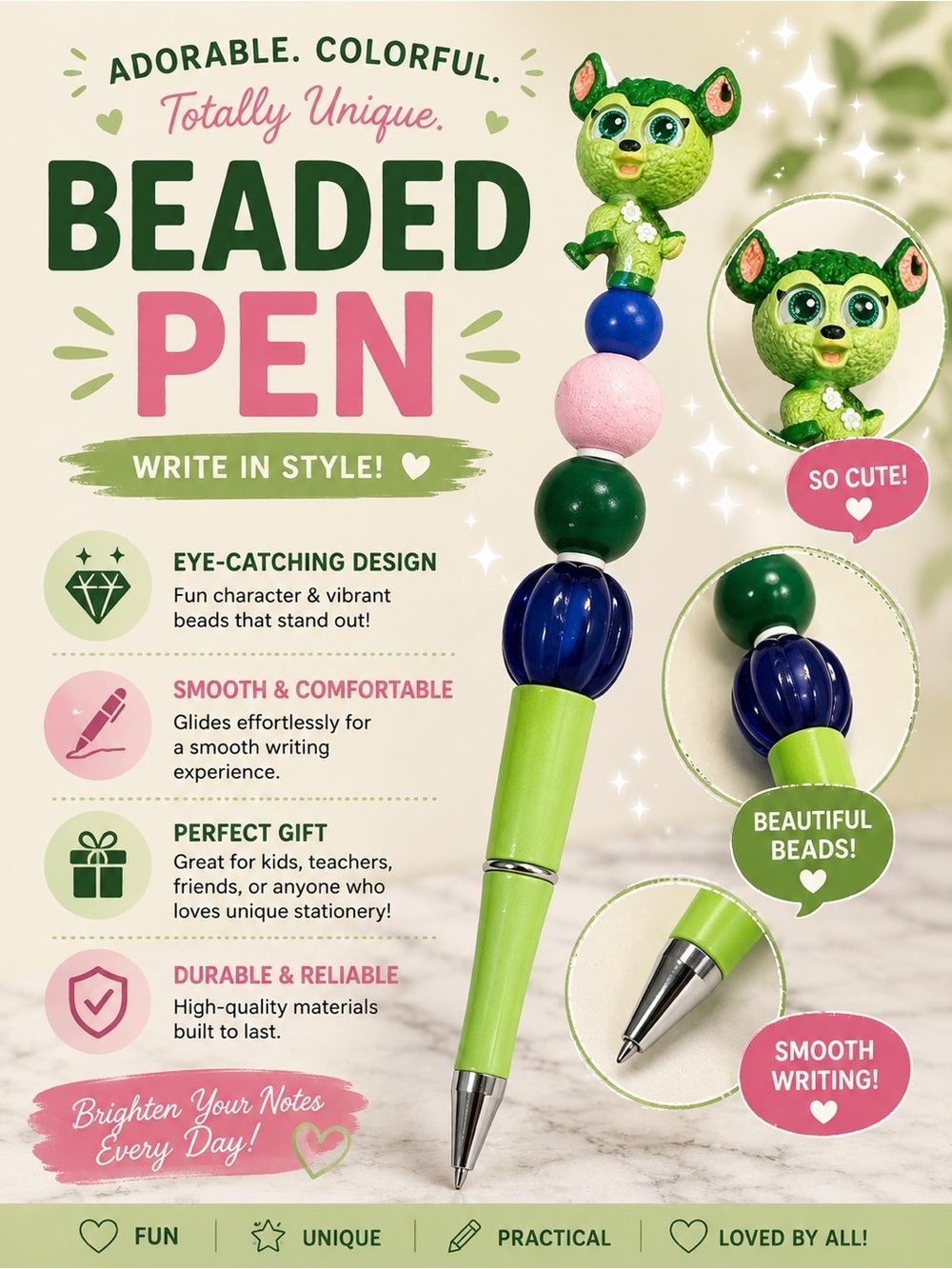 Hand Crafted Green & Pink Beaded Pen